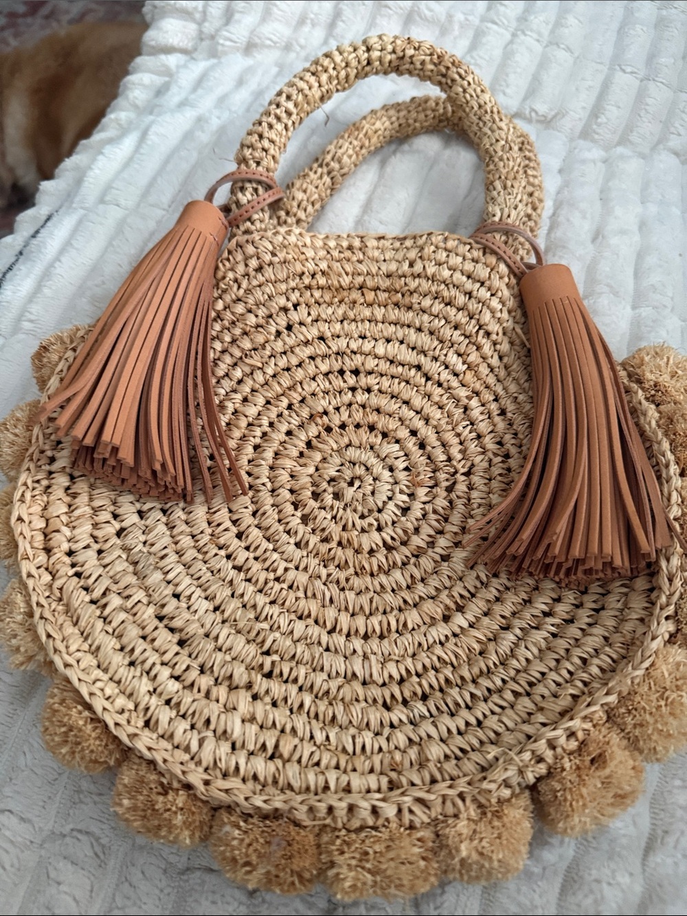 Loeffler Randall Natural Straw Round Tote with Tan Tassels